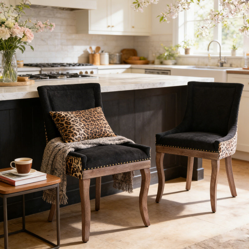 Farmhouse Upholstered Side Chairs Set of 2, Vintage Solid Wood Kitchen Dining Chairs with Nailhead Trim & High Back Support, 350lbs Weight Capacity