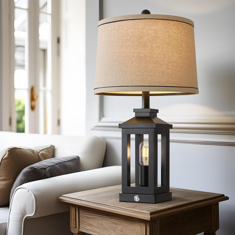 23.75" Black Metal Table Lamp Set with Beige Shade and USB Ports