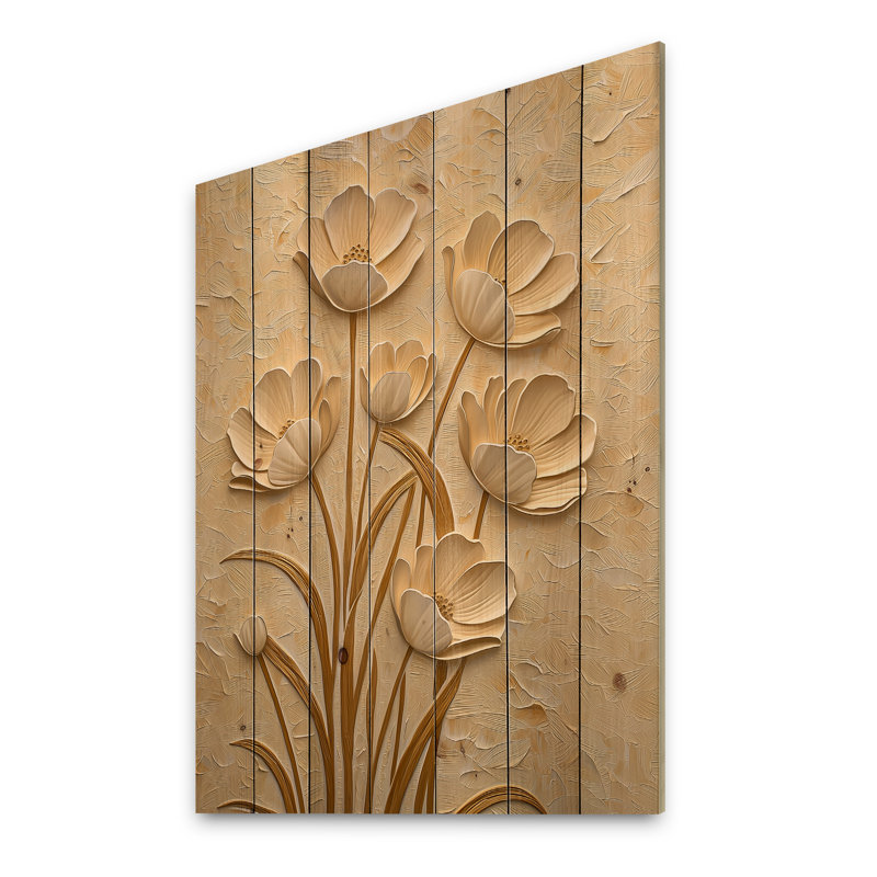 Minimal Cream Buttercup Field III - Buttercups Beige Wood Print On Natural Pine Wood, 44" H x 34" W x 0.78" D