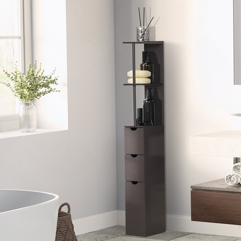 Armoire de rangement pour salle de bain de 54 po de hauteur, tour à linge autoportante avec tablette à 2 niveaux et tiroirs, organisateur de plancher étroit, brun