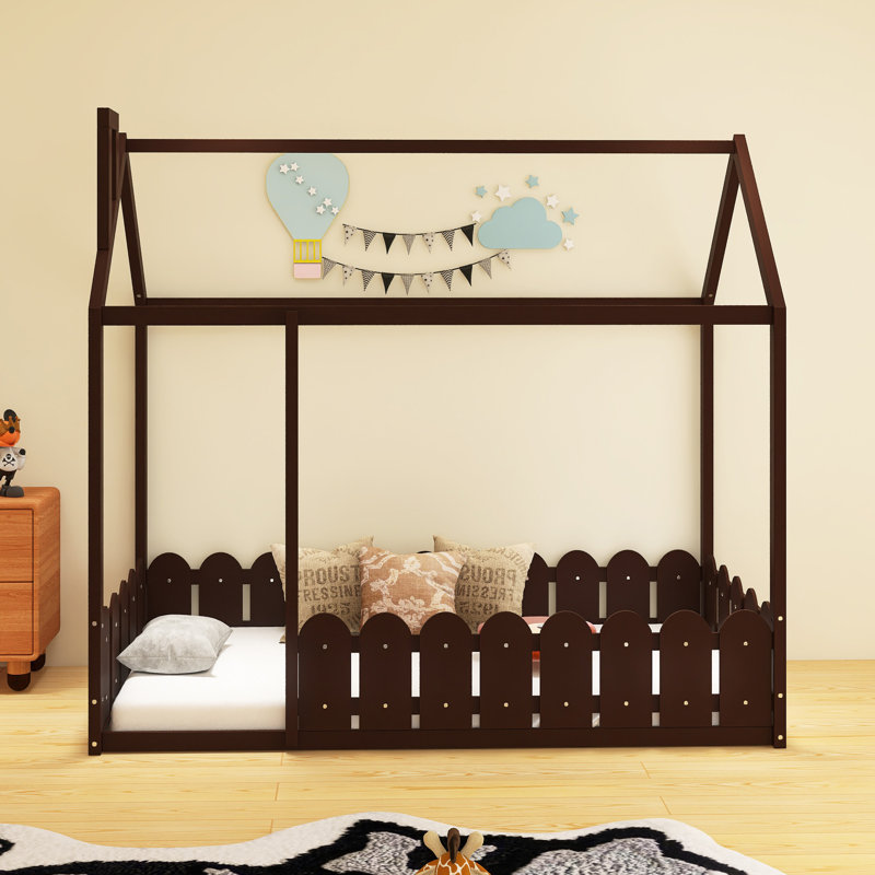 Cadre de lit en bois avec clôture, Lit simple, Brun
