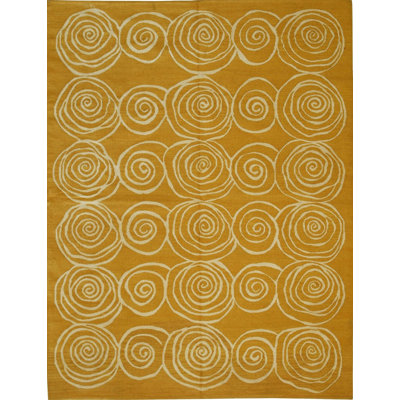 9x12 Yellow Flat Weave Wool Golden Rose Swirl Vintage Mid Century Modern Contemporary Carpet Rug