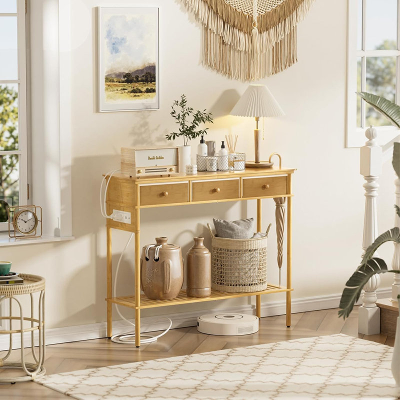 Entryway Table Sofa Console Table, Bamboo Small Entry Way Table With Drawers Storage And Power Outlets For Living Room, Hallway, Foyer, Entrance