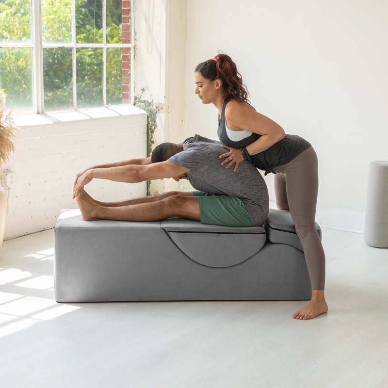 Kami Convertible Chaise / Bed Bench for Yoga & Massage - 2-In-1 Ottoman with Yoga Lounge Chair, Gray Velvet
