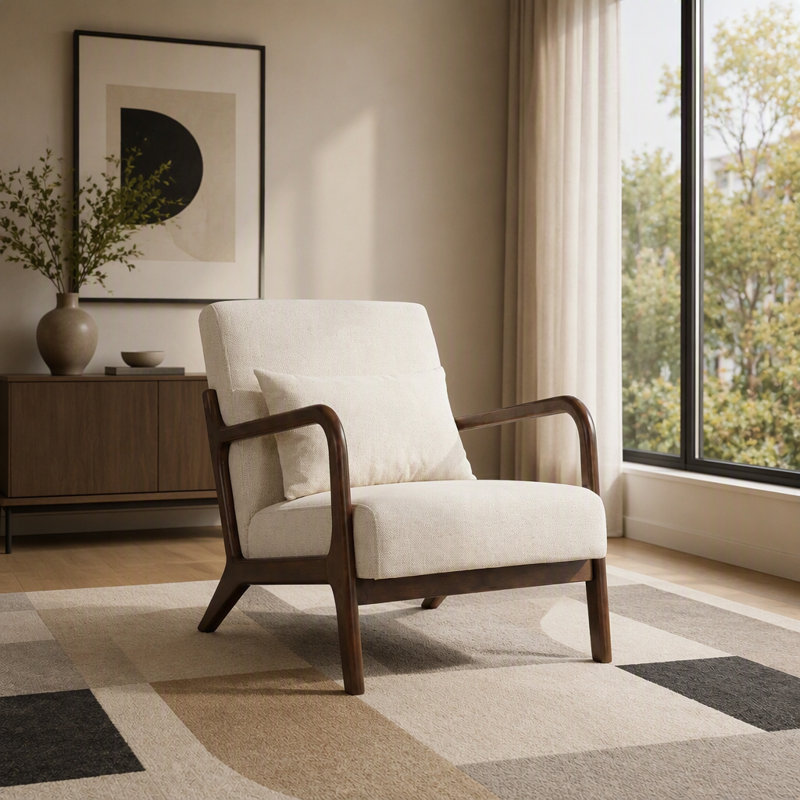 Chaise d'appoint rembourrée avec coussin lombaire Mid-Century, Marron foncé, Blanc antique