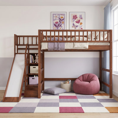 Lit mezzanine pour enfants avec escalier de rangement, glissade et lumière DEL, chambre d'enfant moderne