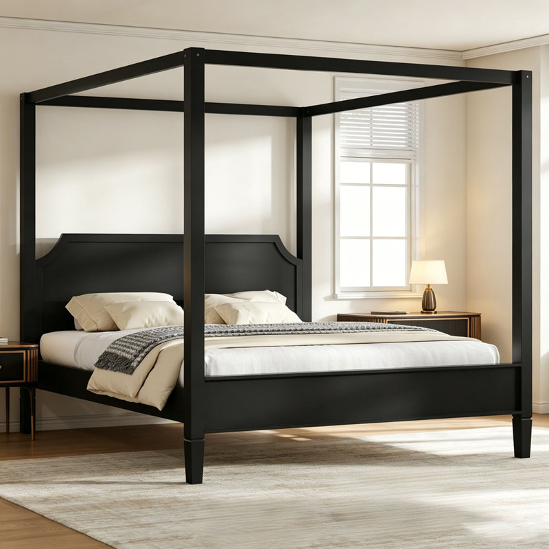 Lit plateforme à baldaquin en bois avec tête de lit et pieds de support, Noir, Très grand lit