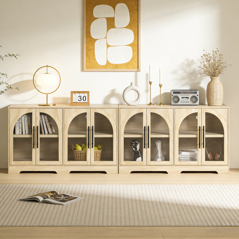 Set Of 2 Rustic Display Buffet Cabinet With Arched Glass Doors, Modern Buffet Sideboard Coffee Bar Cabinet With Storage And Adjustable Shelves,For Kitchen,Living Room And Entryway