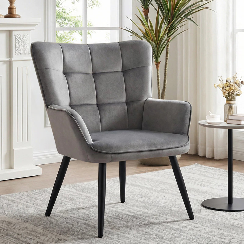  Modern Mid Century Accent Chair with Backrest & Metal Legs, Wingback Barrel Chair for Living Room Bedroom Home Office Vanity Room