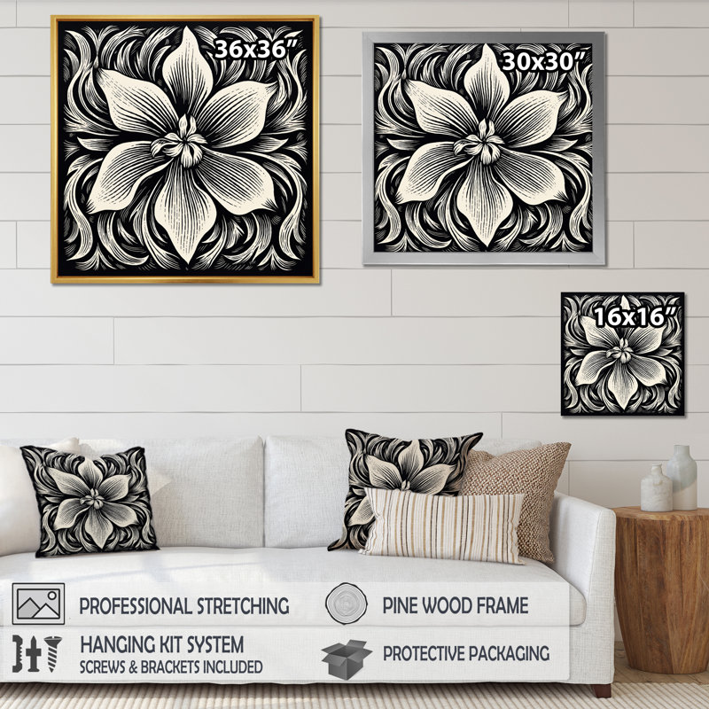 Iris monochrome en noir et blanc sur toile, H 36 po x l 36 po x P 1,5 po, Cadre simple noir