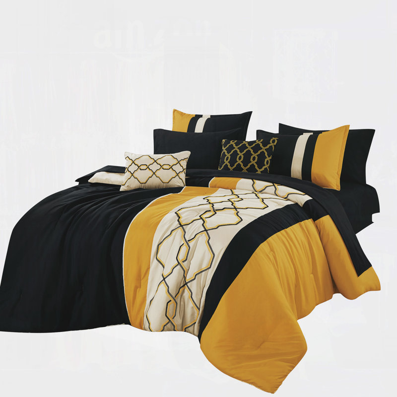 Ensemble d'édredon 9 pièces en microfibre brodée noire et dorée avec draps, taies décoratives et coussins décoratifs