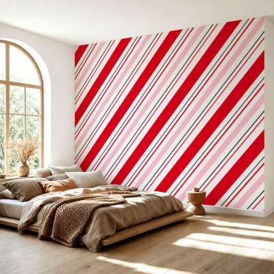 Wall Mural Peel and Stick Wallpaper Candy cane Christmas peppermint diagonal stripes print seamless Self-Adhesive Removable Contact Paper Wall Decor for Living Room Bedroom 69"H x 96"W