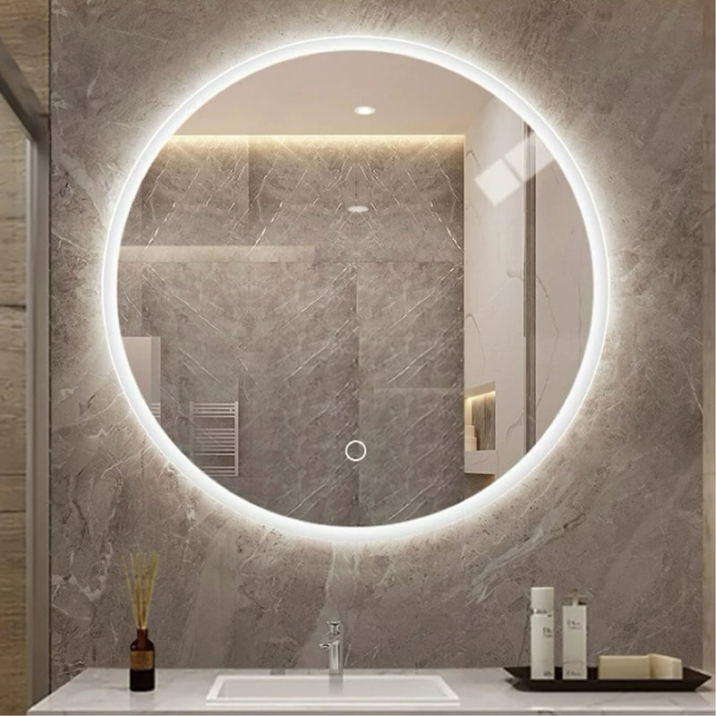 Miroir de salle de bain rond à DEL avec antibuée, température de couleur réglable et gradation, parfait pour le maquillage et le toilettage