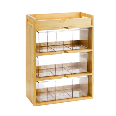 Organisateur de sachets de thé en bambou à 4 niveaux, boîte de rangement de thé verticale en bois avec tiroir en acrylique, support de rangement de thé et station de thé pour le comptoir de cuisine