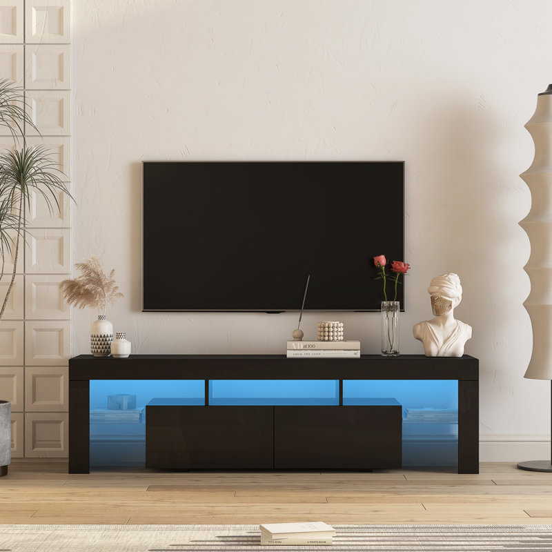 Meuble télé ultrabrillant avec lumières à DEL pour téléviseur de 65 po ou moins, console de télévision moderne avec armoires de rangement pour le salon