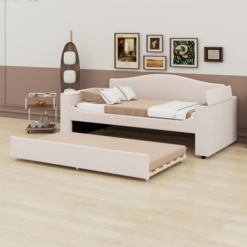 Lit de jour rembourré avec accoudoirs de rangement, lit gigogne et dernier système audio Bluetooth intégré., Beige