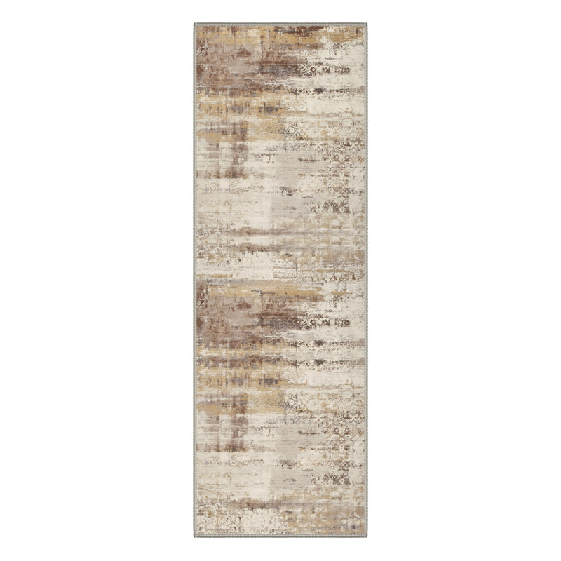 Vela Abstract Machine Washable Brown / Beige Indoor Area Rug with Non-Slip Backing, Runner 2'5" x 8'