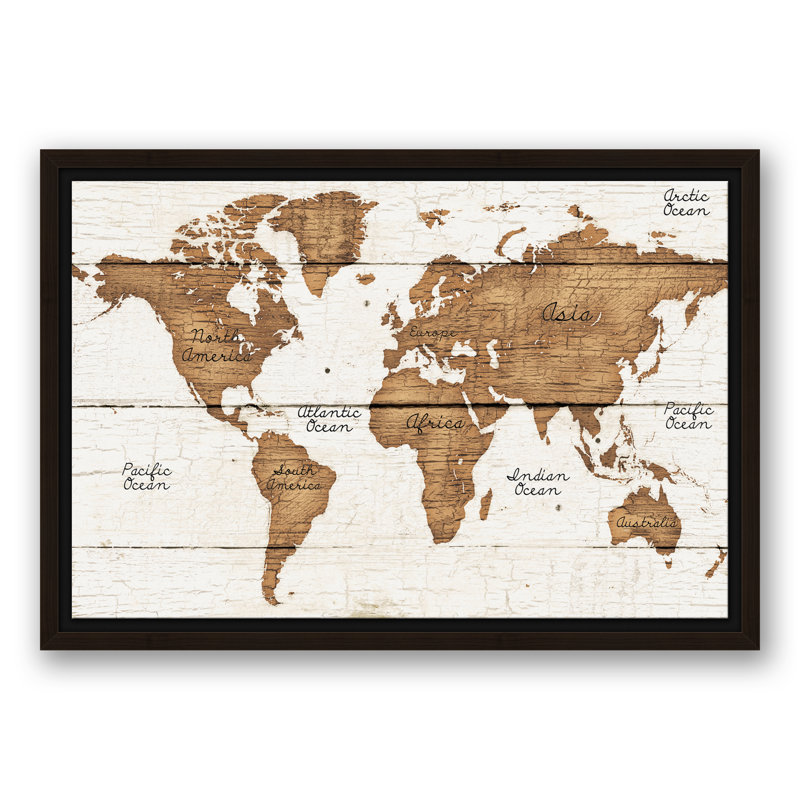 Carte du monde patinée - impression d'art graphique, 16 po x 24 po, Encadré