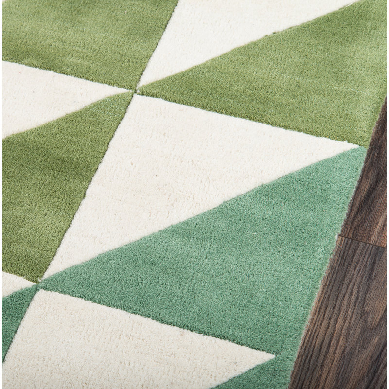 Tapis vert / ivoire en laine touffeté à la main à motif géométrique Glory, Tapis de couloir 2 pi 3 po x 8 pi