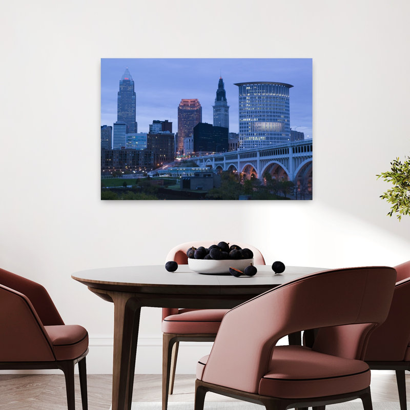 Downtown View With The Detroit Avenue Bridge From The Flats Area Cleveland Ohio USA by Walter Bibikow - Wrapped Canvas Print