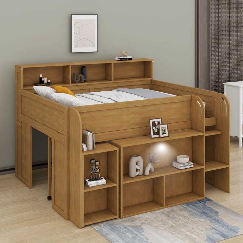 Lit mezzanine double avec bureau à roulettes intégré, 8 tablettes de rangement et lumières DEL, Noyer