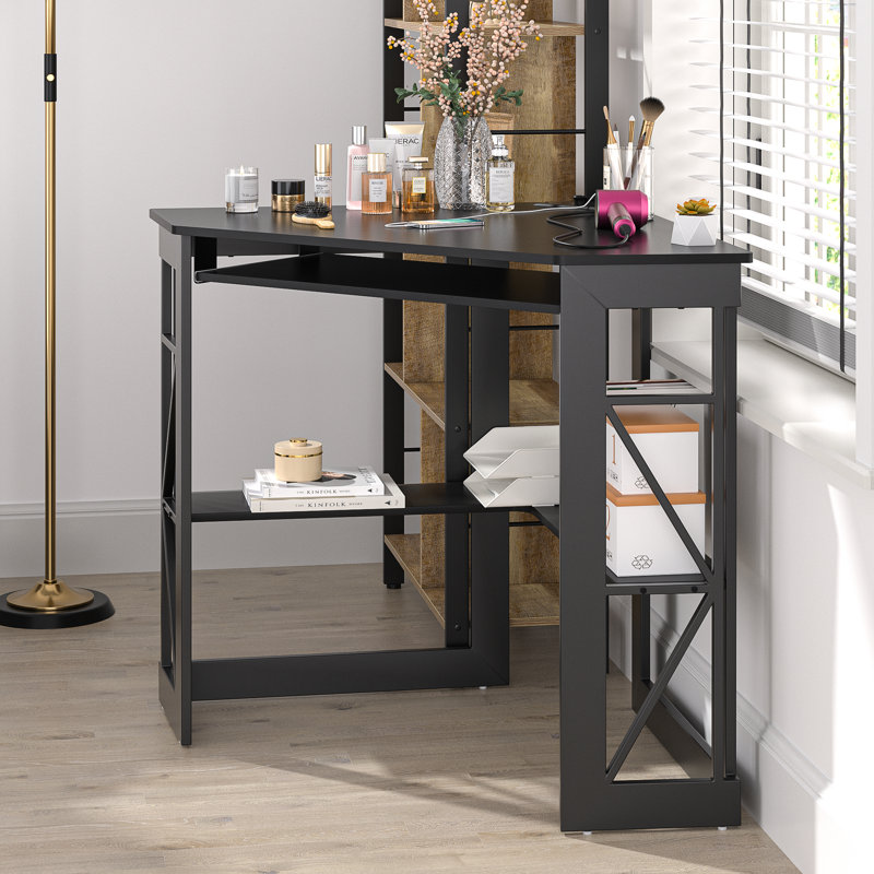 Lambrecht Corner Desk With Outlets & USB Ports, Triangle Computer Desk With Charging Station, Storage Shelf, Space Saving Writing Desk For Small Space