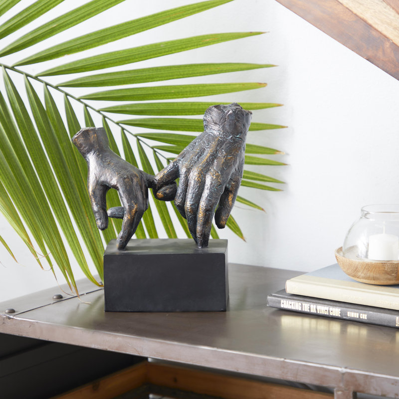 Polystone Weathered Patina Linked Hands Decorative Sculpture with Block Base and Gold Accents