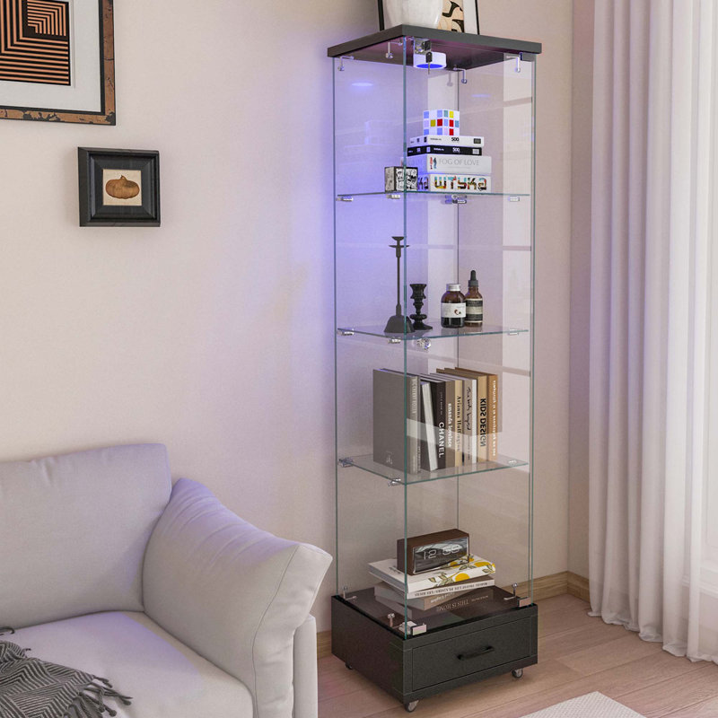Modern Glass Display Cabinet with Drawer , Quick-assembly Antique Cabinet with LED lights, Tempered Glass Bookshelf,  1-Door Storage Case with 4 Shelves  for Living Room and Bedroom