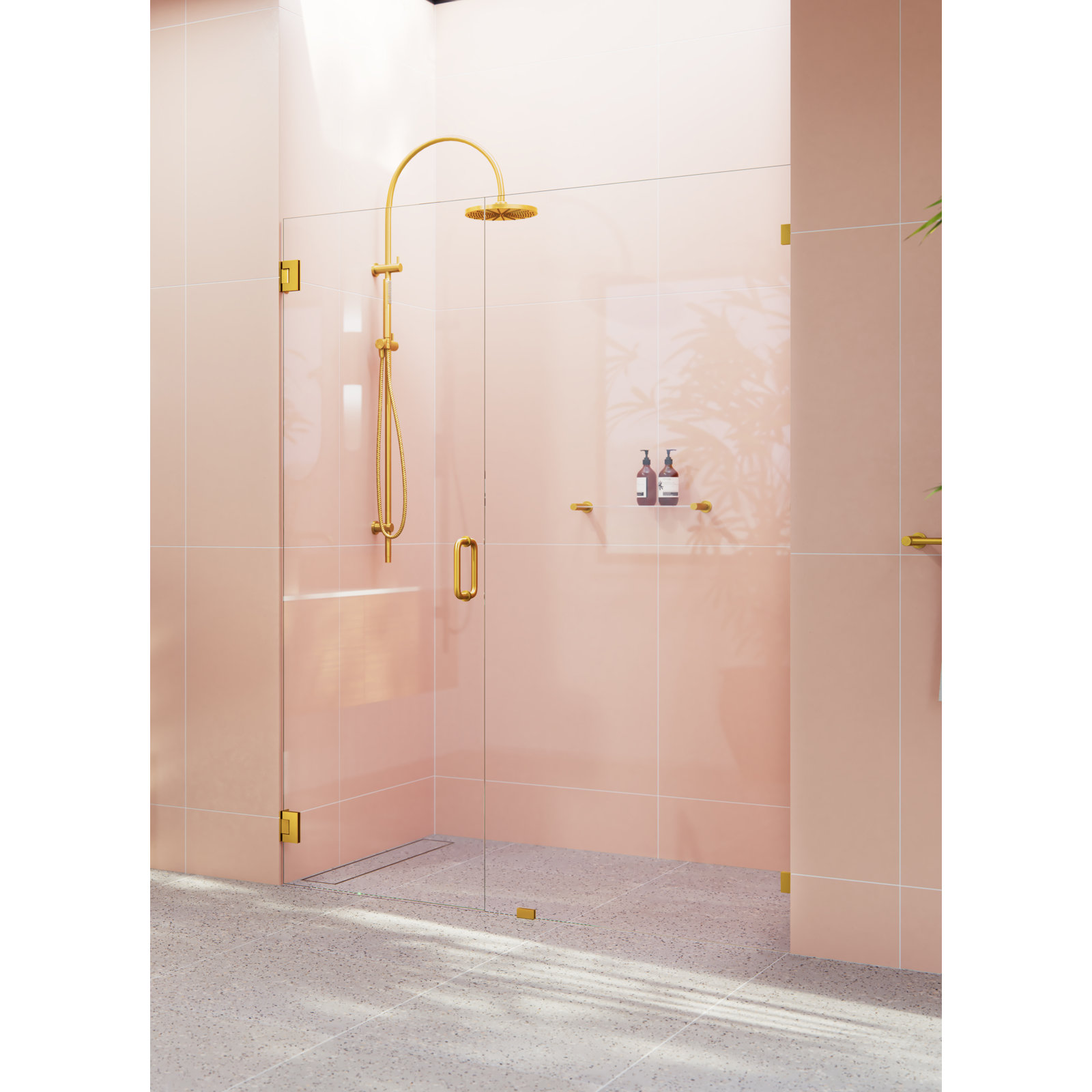 58 in. x 78 in. Fully Frameless Wall Hinge Shower Door, Satin Brass