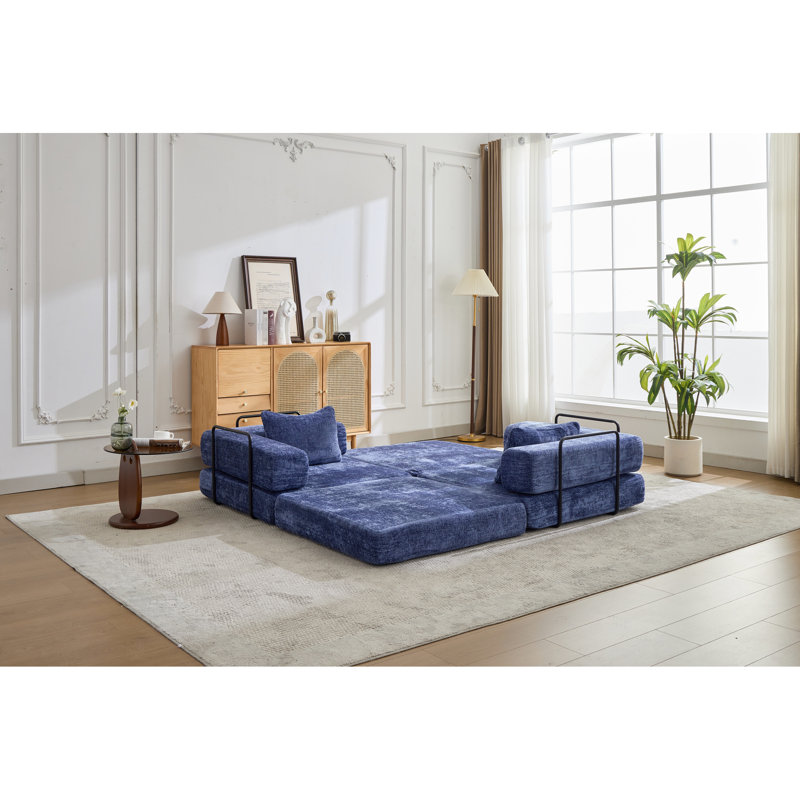 Lit de compression bleu foncé, convertible 2 places au sol avec cadre à forme fixe, tissu chenille, modulaire à monter soi-même pour petits espaces, lit sans ossature pour appartements