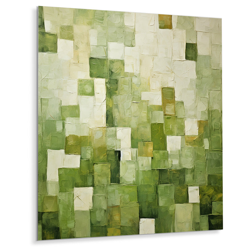 «Abstract Green Tiles Incubism» - Art mural en métal abstrait, H 20 po x l 12 po x P 1 po