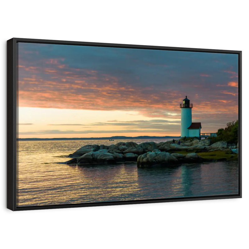 Coucher de soleil sur le phare d'Annisquam, Cadre flottant noir, 37 po x 25 po