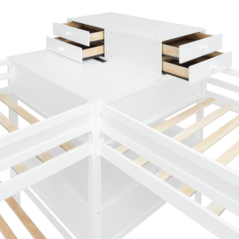Lit simple superposé en forme de L avec bureau intégré, 4 tiroirs et ports USB et prise de courant, blanc