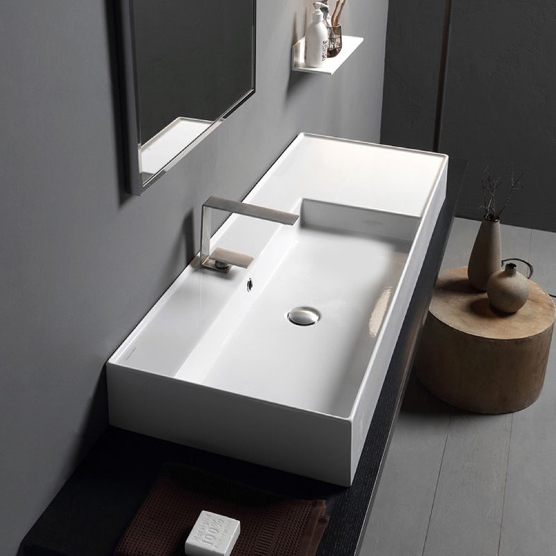 Scarabeo By Nameeks 18.1'' White Ceramic Rectangular Vessel, Wall Mount Bathroom Sink with Overflow, Three Hole