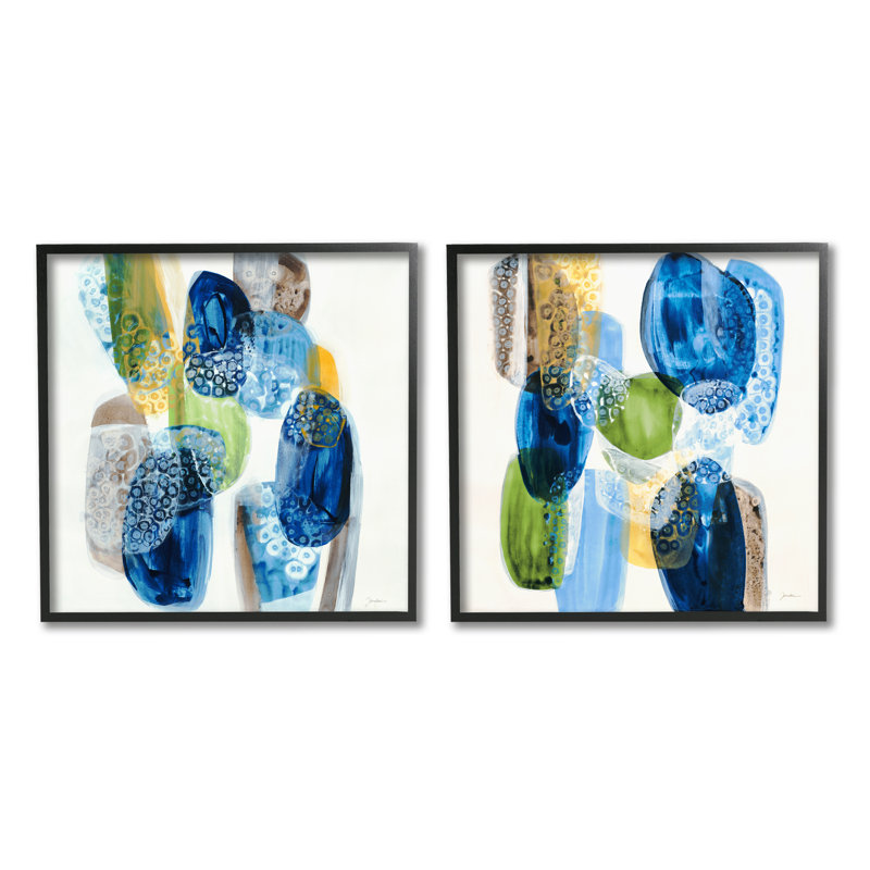 «Round Abstract Pebbled Shapes Layered Blue Tones» par Liz Jardine - ensemble de 2 peintures sur cadre flottant