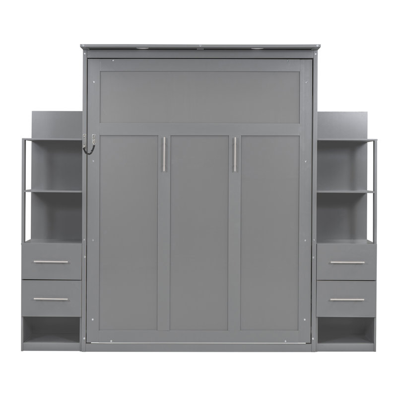 Hakancan Murphy Bed with Bookcase, Drawers and LED Lights, Queen, Gray