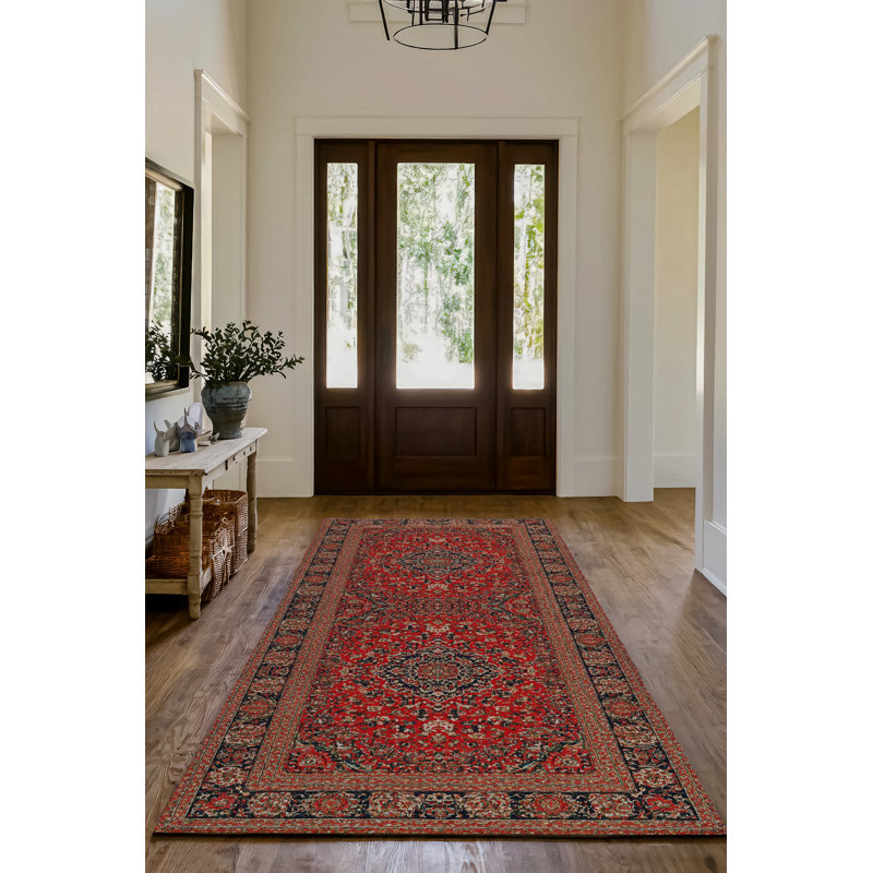 Guria Red/Brown Oriental Machine Printed Cotton Chenille Area Rug, Runner 4' x 14'10"