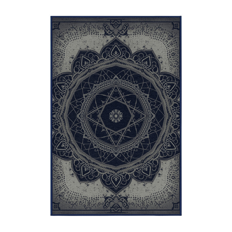 Soft Plush Eberhard Global Inspired Geometric Shapes Area Rug in Gray – Navy Binding, 8x10