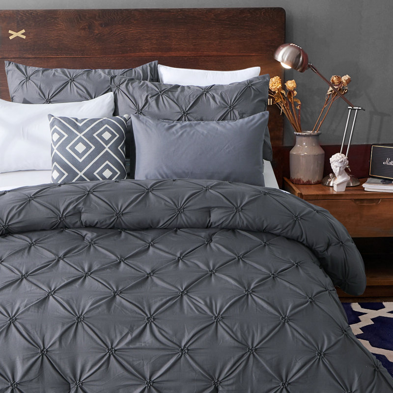 Suniya Pintuck Comforter Set, Gris, Édredon simple + 1 taie décorative pour lit simp