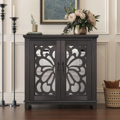 Elegant sideboard with 2 acrylic mirrored doors Sideboard and Buffet with Storage, Hollow-Carved Accent Cabinet laminates and MDF substrate, spacious space adjustable shelf