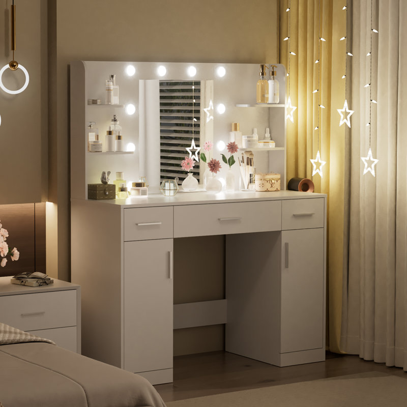 Lumina Makeup Vanity Desk Stool Set with LED Lighted Mirror & Power Outlet & 3 Drawers, 2 Cabinets, White