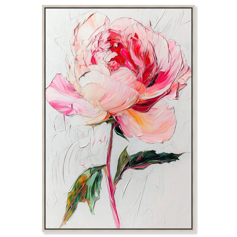 Art floral rose pastel sur toile rose, H 55 po x l 37 po, Cadre argenté