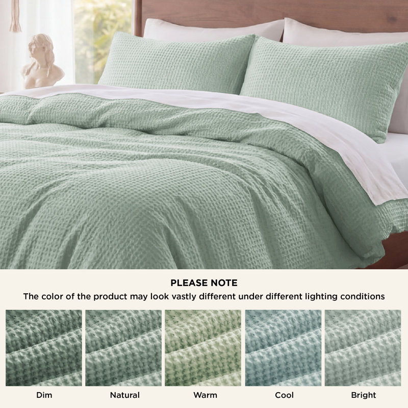Essential Collection 100% Cotton Waffle Weave Duvet Cover Set, Queen Duvet Cover + 2 Standard Shams, Sage Green