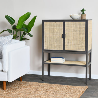 Boho Woven Rattan and Wood Cabinet with 2 Doors, 1 Shelf, and 4 Interior Storage Compartments