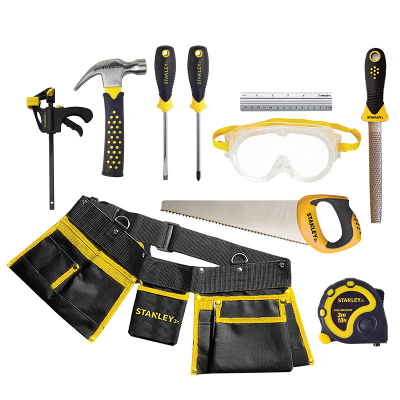 Ensemble d'outils pour enfants 10 pièces Stanley Jr avec étui à outils et outils de construction pour les jouets ou les activités de construction et de menuiserie. 5 ans et plus