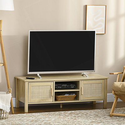 Meuble télé Boho pour téléviseur 60 po, meuble télé avec porte en rotin, tablette réglable et armoires de rangement, meuble télé en bois