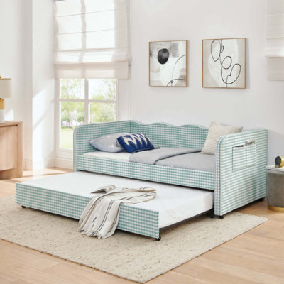Divan-lit rembourré polyvalent 3 en 1 avec couchette coulissante et poches de rangement latérales, idéal pour les espaces multiples et les espaces restreints