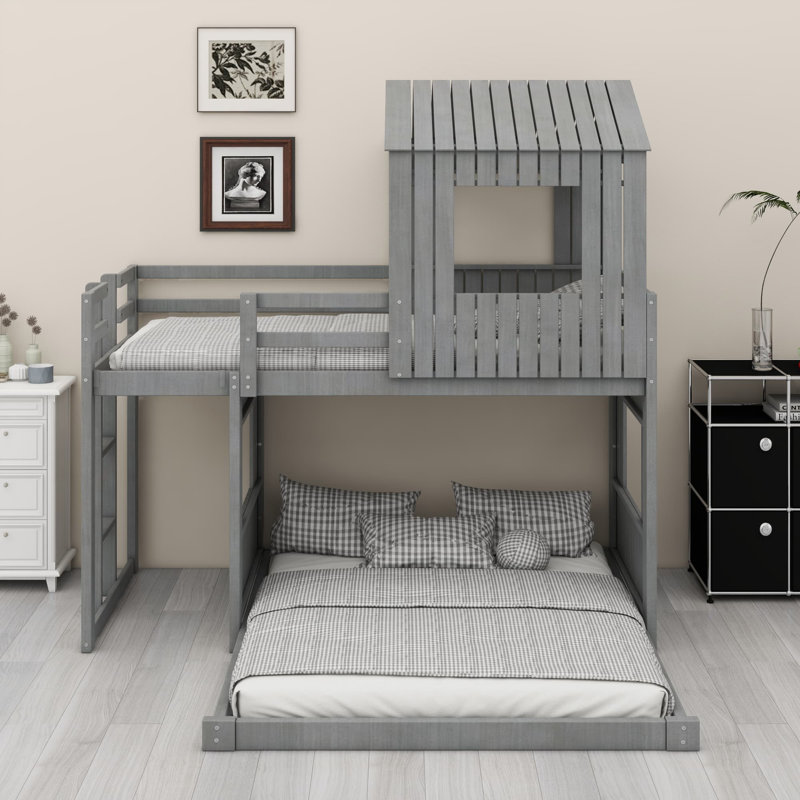 Bunk Bed With Playhouse, Farmhouse, Ladder And Guardrails, Antique Grey