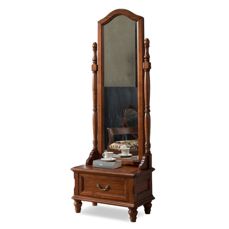 American-Style Vintage White Ash Wood Full-Length Mirror With Drawers
