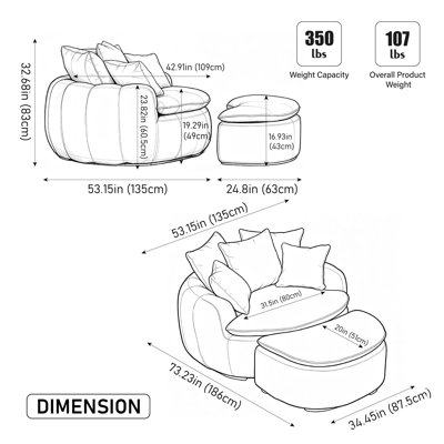 Fauteuil lounge rond surdimensionné en forme de citrouille, 135 cm de large, sans os, pour une personne, avec repose-pieds. Revêtement en tissu doux et respirant, rembourrage en mousse. Parfait pour un salon, une chambre ou un appartement. Couleur : taupe.